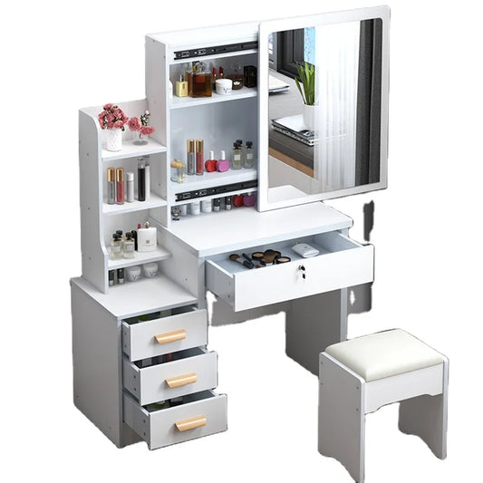 KTX-432403 Wooden Makeup Desk Vanity Set with Cushioned Stool and Round Mirror