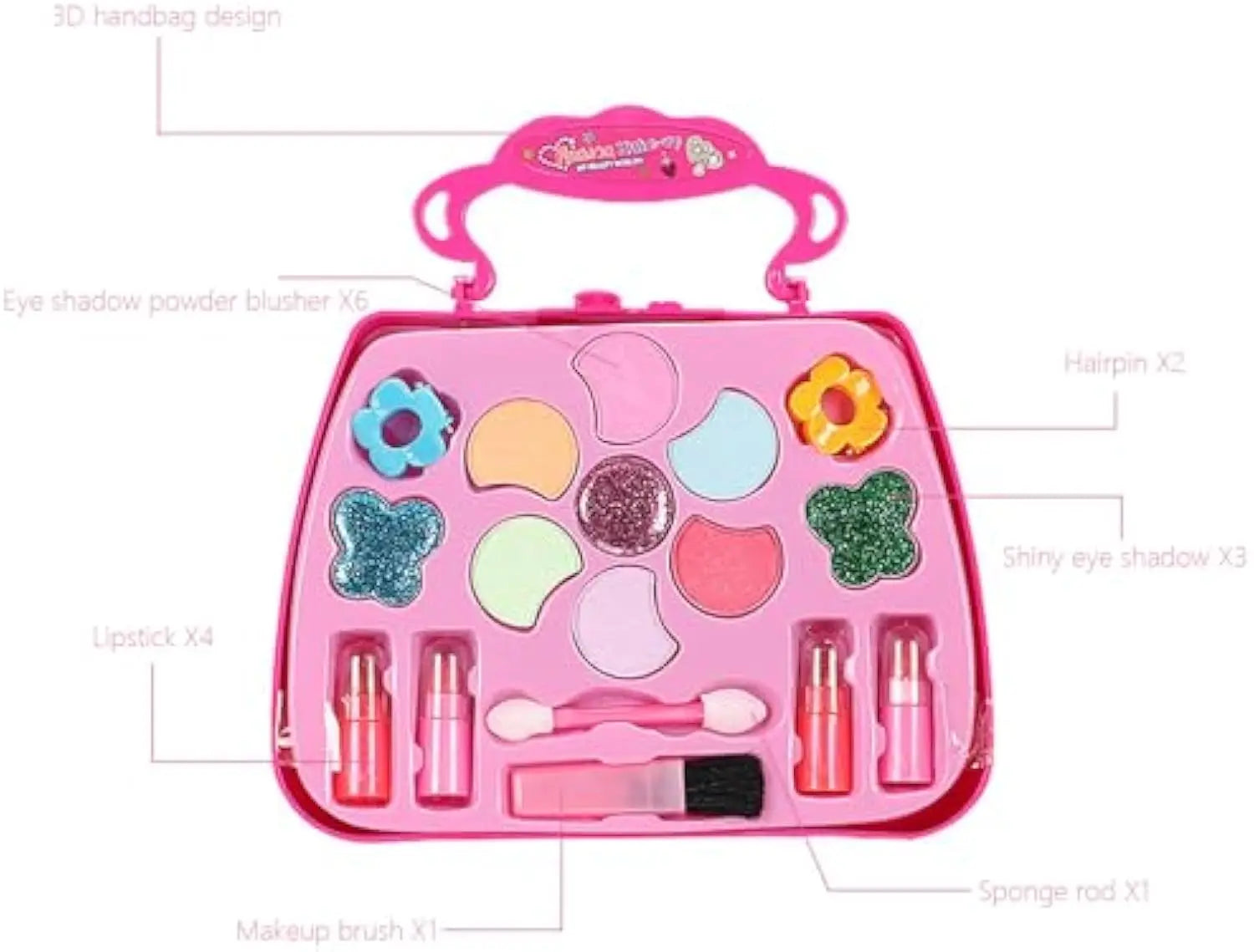 HKM-523603 Kids Pretend Play Makeup Set with Washable Eyeshadow and Lipsticks, Includes Cosmetic Bag, Perfect for Ages 2-13