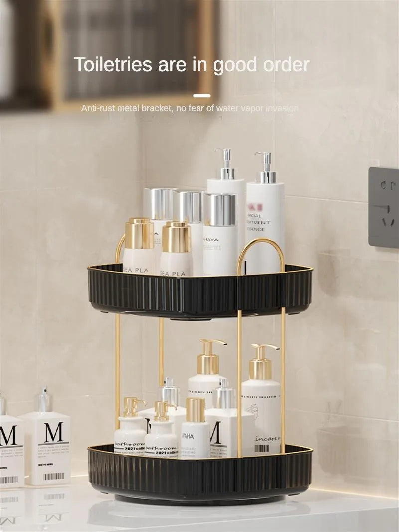 KTX-991635 Two-Layer Rotating Home Storage Organizer Rack in Cream White and Elegant Black