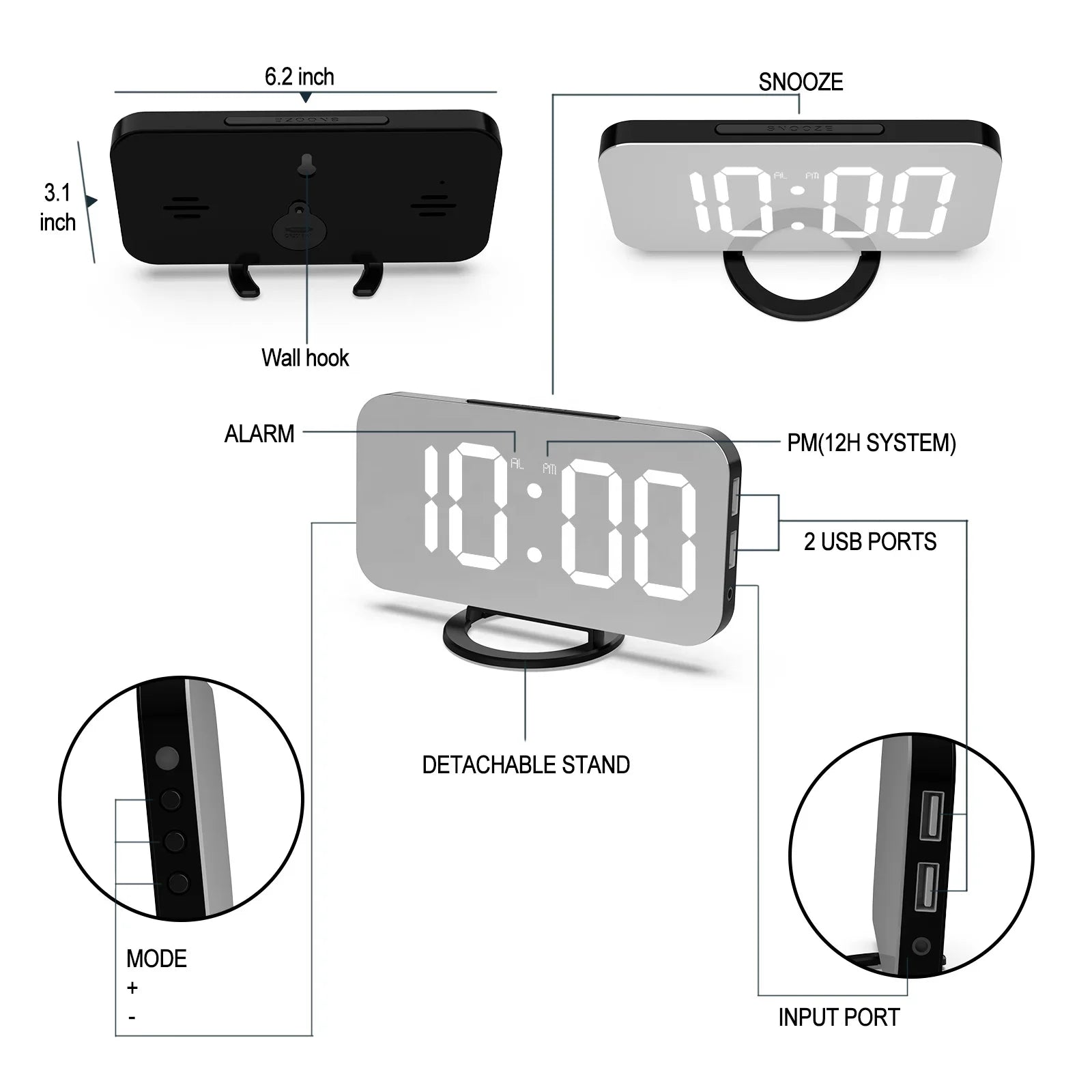 KTX-042195 Modern Digital LED Alarm Clock with Mirror Display and USB Charging Ports
