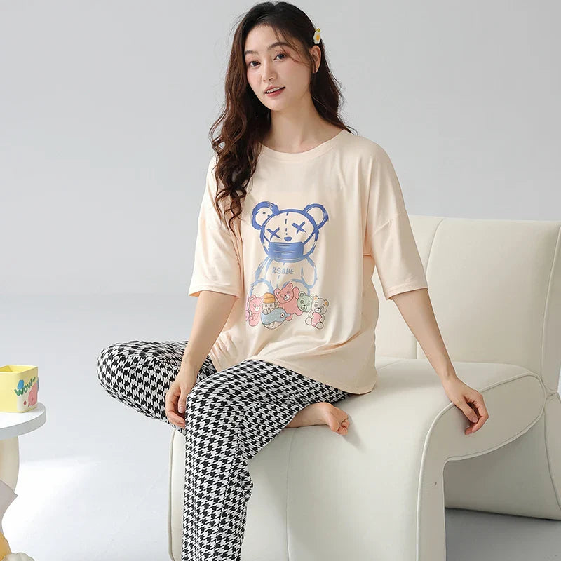 KTX-903187 Summer 2 Pieces Short-Sleeved Trousers Set Wearable Cartoon Print Round Neck Plus Size Home Pajamas Set