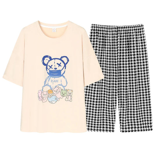 KTX-444435 2pcs Pajamas for Women Set Summer Short Sleeves Seven-point Pants Night Wear Suit Soft Cotton Comfortable Women's Sleepwear