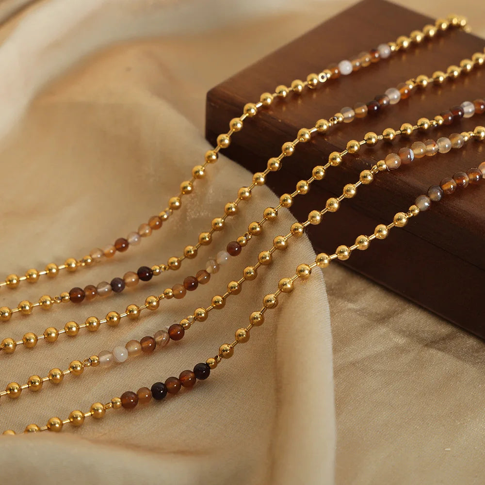 HKM-559699 Wholesale Custom Fine Fashion Jewelry 18K Gold Plated Stainless Steel Mix Natural Stone Beads Beaded Handmade Necklace for Women
