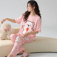 HKM-034259 Cartoon Ladies Night Wear Suits Sleep Wear Two-piece Cotton Comfortable Women Short Sleeved Trousers Pajamas Sets