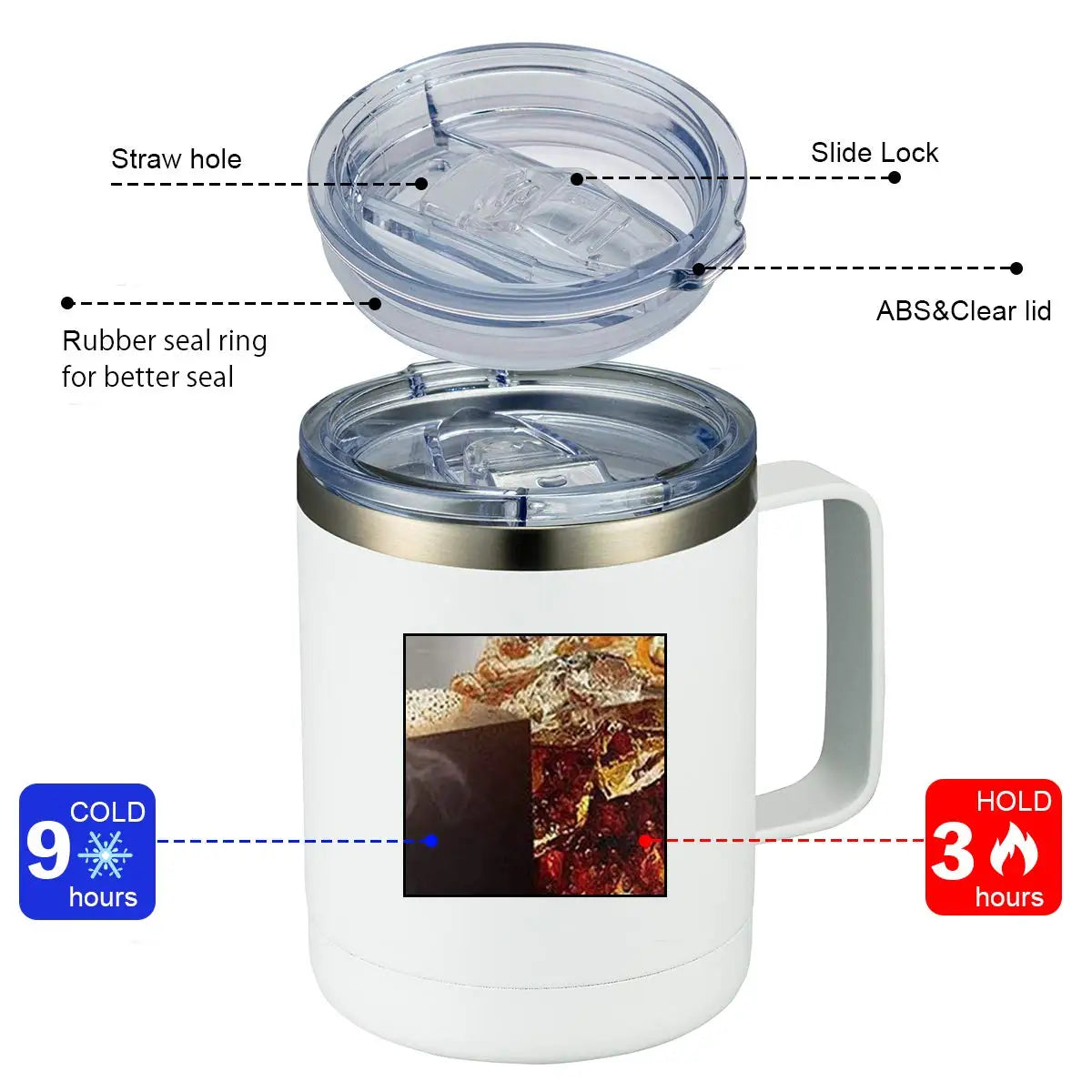 KTX-564179 12oz Eco-Friendly 304 Stainless Steel Coffee Mug with Sliding Lid and Handle for Camping and Travel