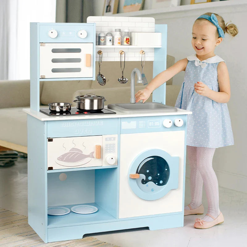 KTX-996947 Classic Blue Wooden Pretend Play Kitchen Toy Set with Simulated Water Faucet for Kids