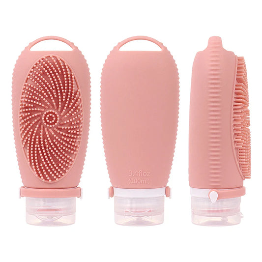 HKM-079315 Portable 100ML Reusable Silicone Travel Shampoo and Lotion Bottle with Cleaning Brushes