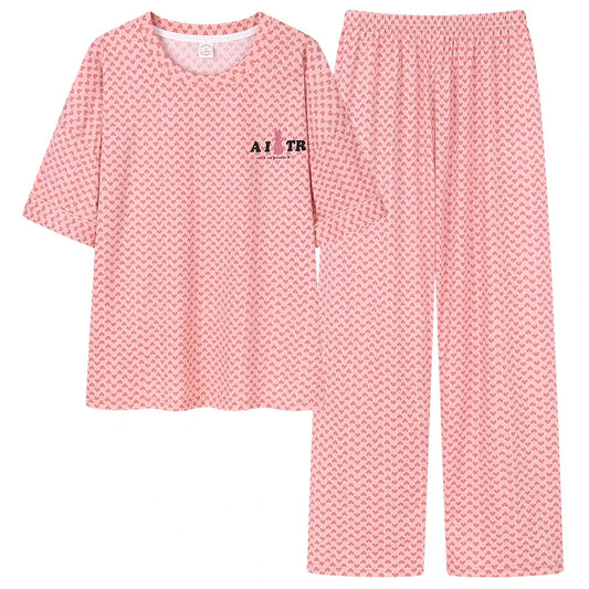 KTX-001491 Heart Shape Print Cotton Pajamas Two-piece Suit Summer Short-sleeved Long Pants Plus Size Home Service Set