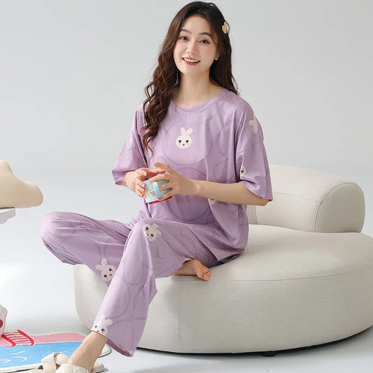 KTX-837651 Cartoon Printing Leisure Style Round Neck Female Short Sleeves Long Pants Cotton Pajamas for Women