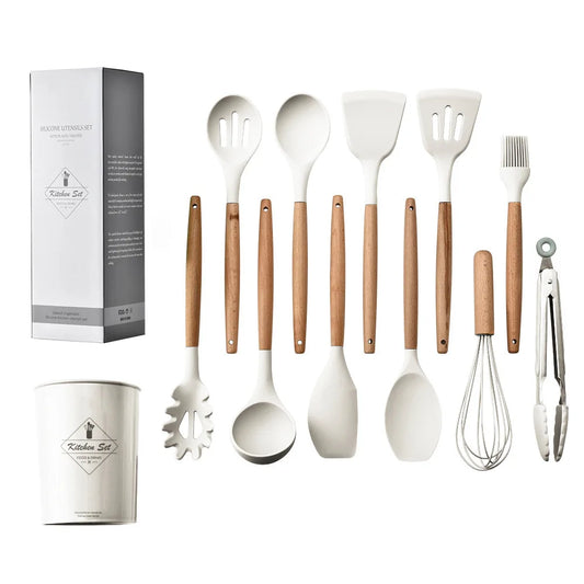 KTX-378387 Creamy White Wooden Handle Nonstick Silicone Kitchen Utensils - 11 Piece Cooking Tool Set