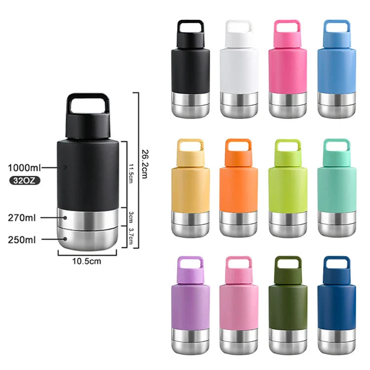 HKM-682835 Stainless Steel 32oz 3-in-1 Pet Bowl and Portable Water Bottle for Outdoor Travel