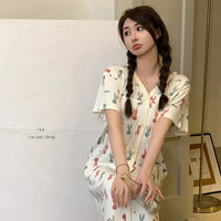 HKM-099795 Lovely Printed Women's Nightdress Cotton Short Sleeve Single Skirt 2024 Summer Loose Comfortable Cardigan Home Wear Wholesale