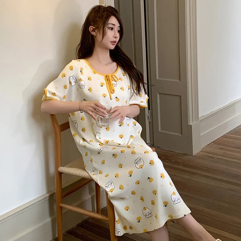 HKM-230867 Round Neck Cartoon Print Cute Home Dress Korean Style Nightdress Summer Lie Fallow Short Sleeves Cotton Women's Pajamas