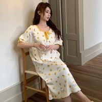 HKM-230867 Round Neck Cartoon Print Cute Home Dress Korean Style Nightdress Summer Lie Fallow Short Sleeves Cotton Women's Pajamas