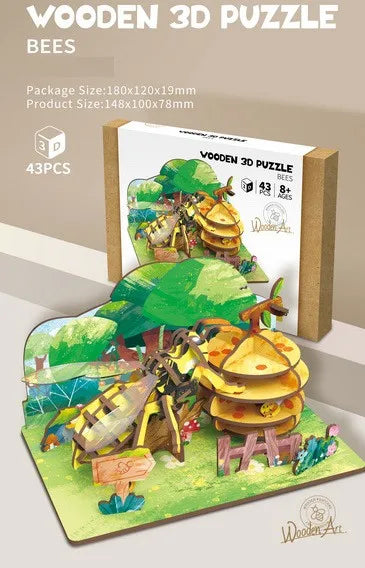 HKM-855891 Wooden 3D Insect Puzzle Set - Butterfly and Bee Models for Kids Educational Fun