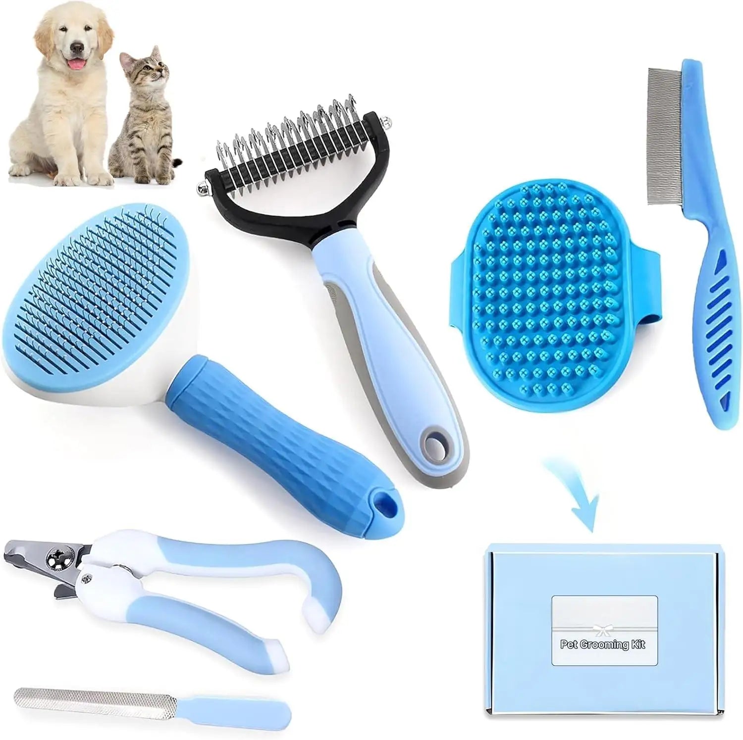 HKM-617299 6PCS Dog Grooming Kit - Includes Flea Comb, Bath Brush, and Nail Clipper for Cats and Dogs