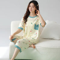 HKM-509971 High Quality Super Soft Cute Printing Short Sleeve Cropped Trousers Pyjamas Women Sleepwear