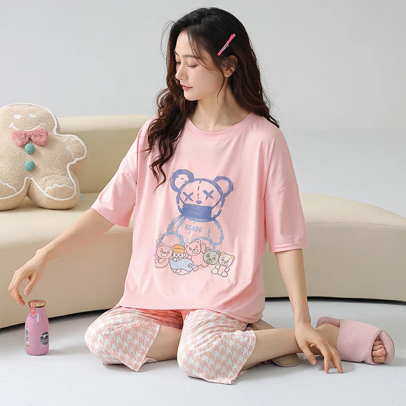 HKM-641043 Short-sleeved Seven-point Pants Set Two-piece Simple Sweet Pajamas All Cotton Home Wear Women's Summer Pajamas