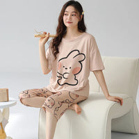 HKM-411667 Women's Pajama Set Short Sleeved and Cropped Pants Nighty With Pockets Sleepwear Cartoon Print Homewear