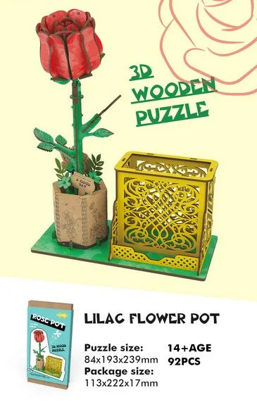 HKM-085267 3D Wooden Jigsaw Puzzle Flower Model Kit - Red Rose Educational Craft for Kids and Adults
