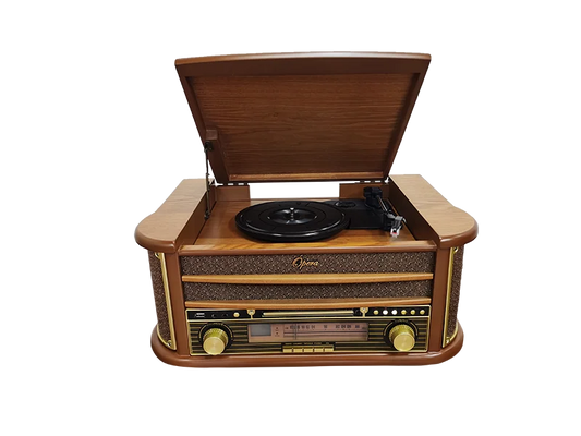 KTX-612179 Multifunctional Retro Wooden Turntable with AM FM Radio, USB and Bluetooth Connectivity, Plays Vinyl Records, CDs, and Tapes