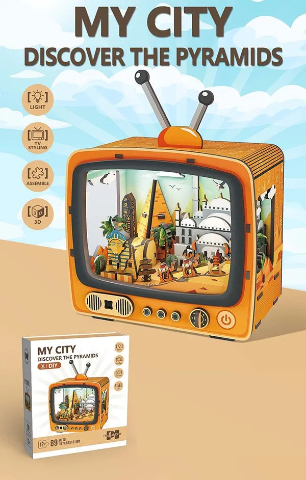 KTX-494291 Wooden 3D TV Set Building Puzzle Miniature Dollhouse DIY Kit for Creative Play