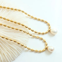HKM-133715 Temperament Jewelry Neutral Fashion Titanium Steel Gold-plated Oval Bead Chain Imitation Pearl Pendant Necklace