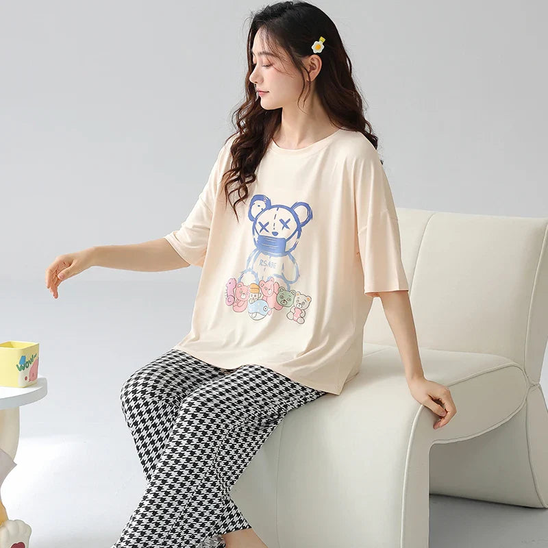 KTX-903187 Summer 2 Pieces Short-Sleeved Trousers Set Wearable Cartoon Print Round Neck Plus Size Home Pajamas Set