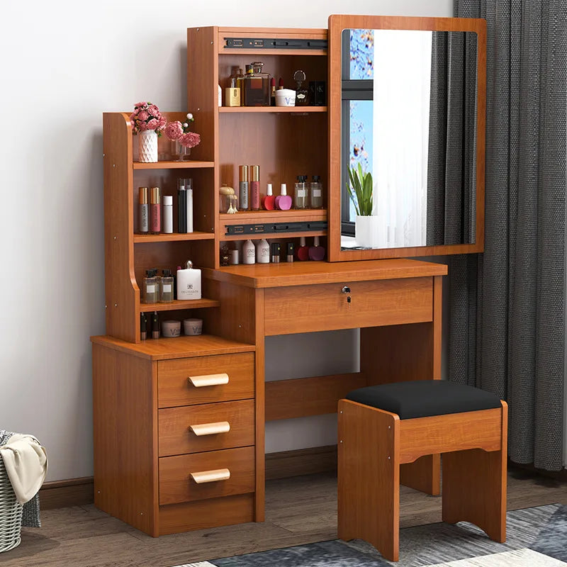 KTX-432403 Wooden Makeup Desk Vanity Set with Cushioned Stool and Round Mirror