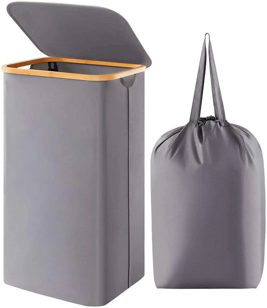KTX-500115 Large Foldable 100L Laundry Basket with Lid and Bamboo Handles, Removable Laundry Bag Included