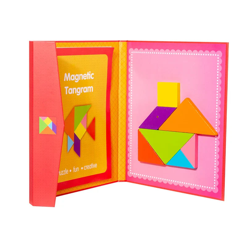 KTX-417171 Montessori Magnetic Tangram Puzzle - 3D Wooden Shape Building Blocks for Kids Learning