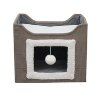 HKM-062547 Foldable Cat Scratcher Play House and Bed - Cute Brown Fabric Design for Indoor Use