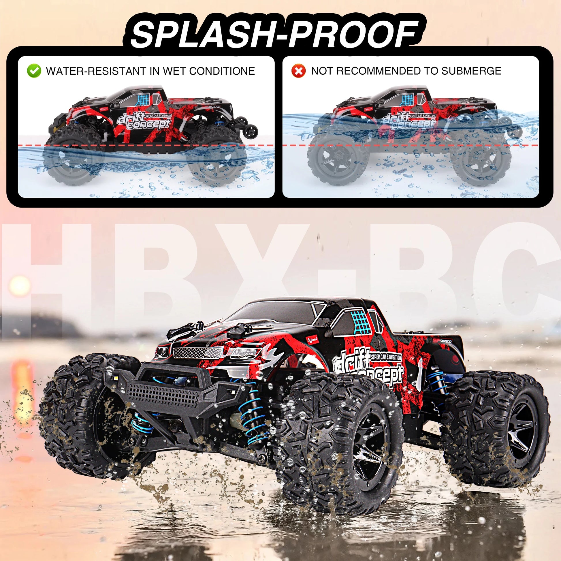 HKM-380179 1:18 Scale Waterproof Remote Control Car with High Speed up to 60km/h, 2.4GHz Control, USB Charging, Indoor/Outdoor Use