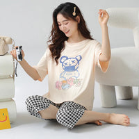 HKM-444435 2pcs Pajamas for Women Set Summer Short Sleeves Seven-point Pants Night Wear Suit Soft Cotton Comfortable Women's Sleepwear