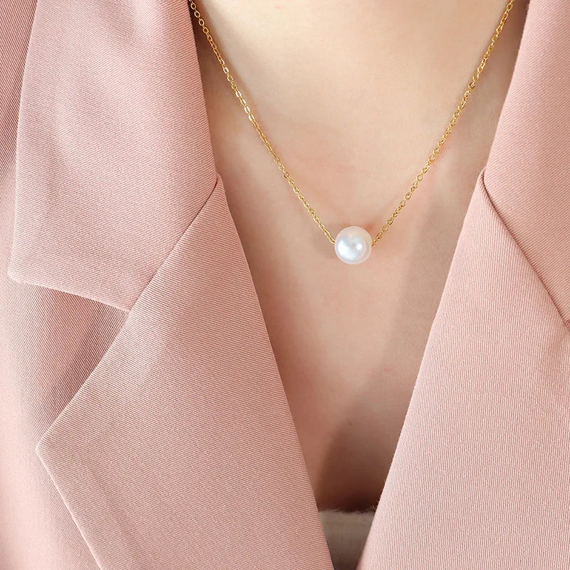 HKM-461395 Fashion Jewelry Gold Plated Freshwater Pearl Necklace Stainless Steel Chain Link Natural Pearl Pendant Necklace