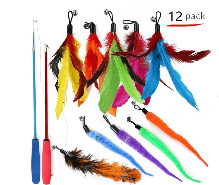 HKM-112275 Eco-Friendly Plush Cat Toy Set with Retractable Rod and Feather Replacement Head for Interactive Play