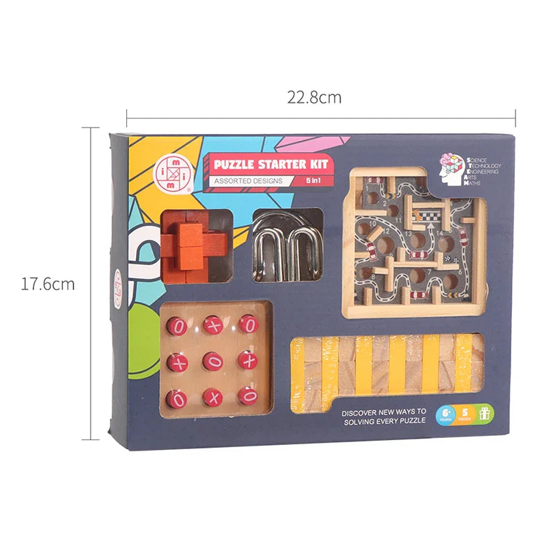 KTX-620371 5-in-1 Wooden Block Puzzle Set with Metal Ring Brain Teaser for Kids