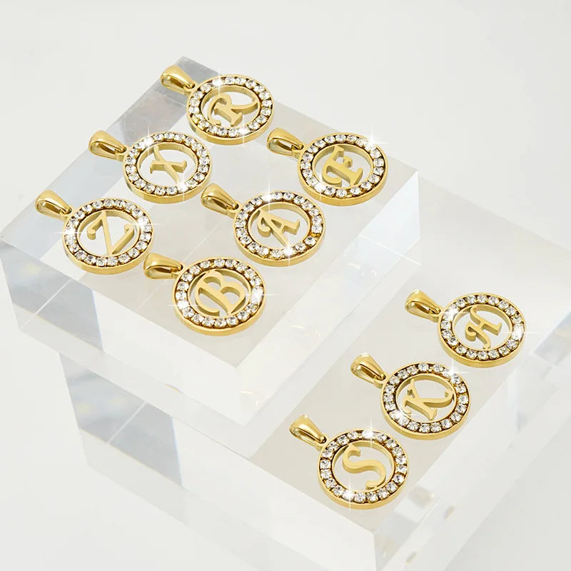 HKM-904339 Fashion 18k Gold Plated Chain Letter Shell Necklace Waterproof Stainless Steel Initial Pendant Necklace with Zircon Rhinestone