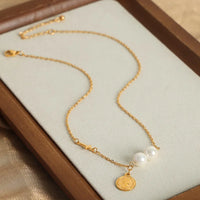 HKM-592467 2024 Exquisite 18K Gold Plated Imitation Pearl Satellite Dainty Chain Tassel Necklace Stainless Steel Jewelry