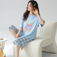 HKM-477203 Women's Cotton Short-sleeved Seven-point Pants Summer Home Service Suit Women's Loose Hedging Cartoon Pajamas