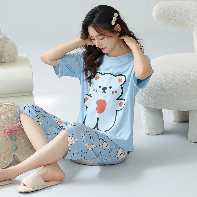 HKM-706579 Cotton Pajamas for Women Comfy Loungewear Women Crop Top and Pants Two Piece Pyjamas Womens Sleepwear Sets