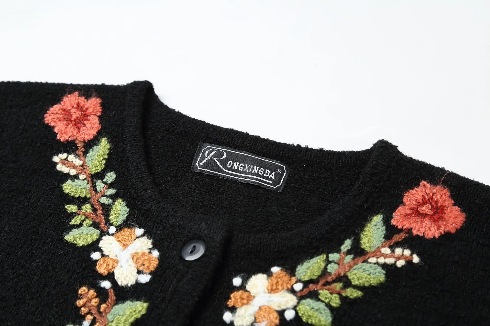 KTX-307603 Handmade Mauhair Women's Long Sleeve Crew Neck Embroidered Knitted Cardigan Retro Antique Floral Casual Winter Button Plus Front