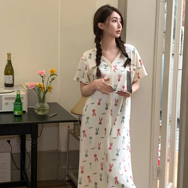 HKM-230867 Round Neck Cartoon Print Cute Home Dress Korean Style Nightdress Summer Lie Fallow Short Sleeves Cotton Women's Pajamas