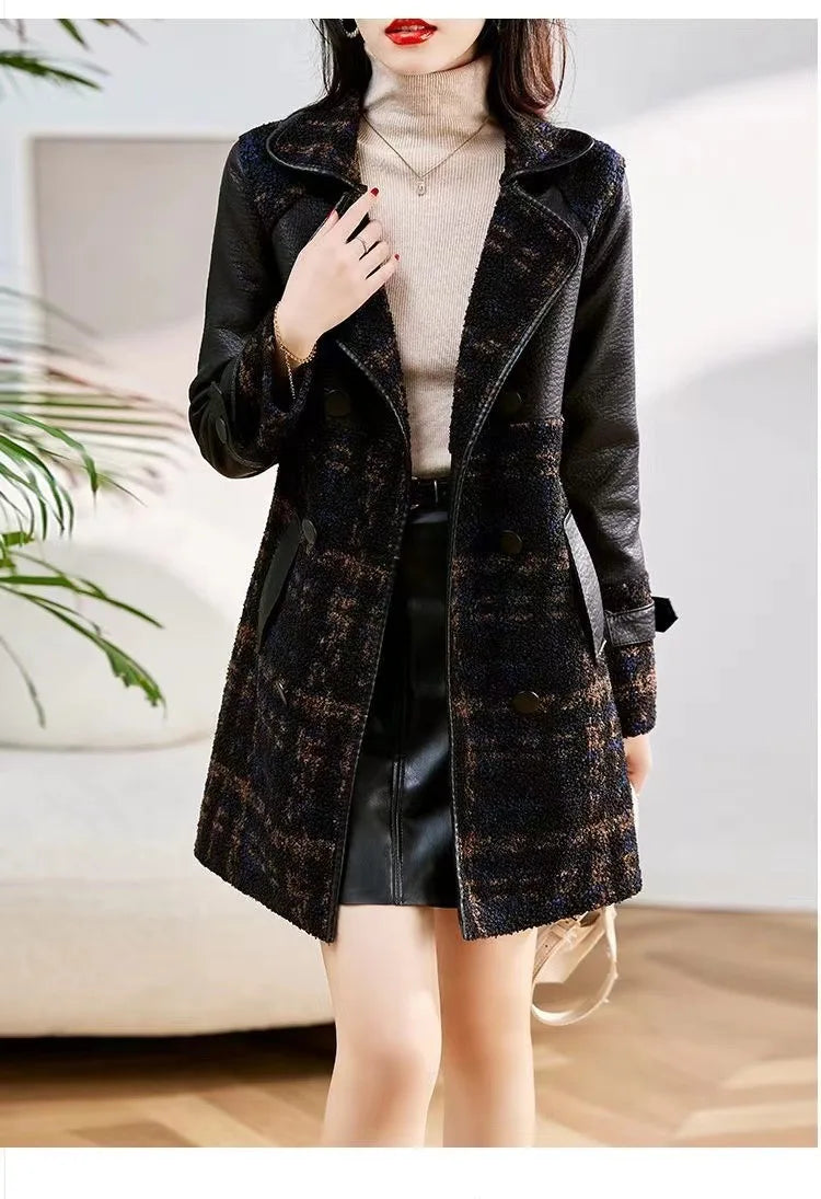 KTX-405907 Woman Leather Jacket Winter Mid to Long Length Fur Integrated With Plush Thickened Collar Wind Breaker Jacket