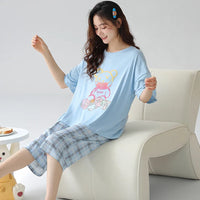HKM-477203 Women's Cotton Short-sleeved Seven-point Pants Summer Home Service Suit Women's Loose Hedging Cartoon Pajamas