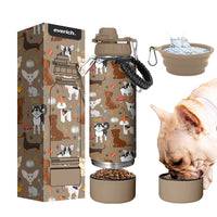 HKM-355155 Stainless Steel 32oz Portable Dog Water Bottle with Foldable Travel Bowl and Storage Bottom