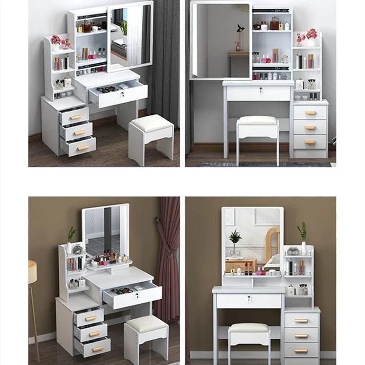 KTX-432403 Wooden Makeup Desk Vanity Set with Cushioned Stool and Round Mirror