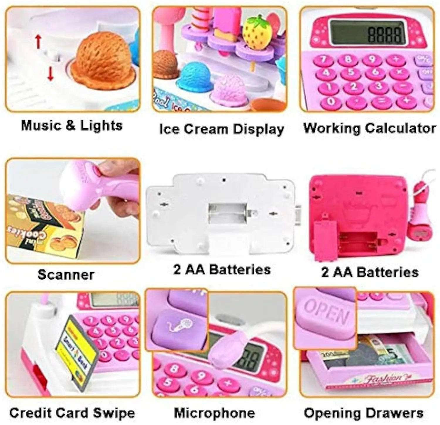 HKM-606099 Ice Cream Store Mini Cash Register Toy with Sound and Flashing Lights for Kids Ages 2-9