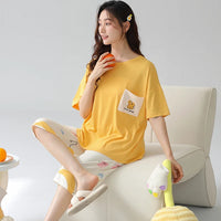 HKM-772115 Cartoon Women Pajamas Set Cotton Soft Sleepwear Pjs Short Sleeve Nightwear With Seven-point Pants