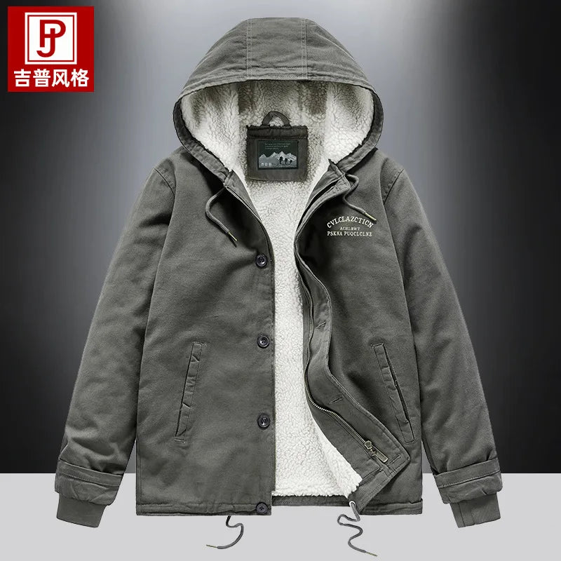 HKM-259027 Men's Winter Thickening Lamb Wool Cotton Coat With Hooded Velvet Collar Short Pilot Jacket Workwear Puffer Jacket
